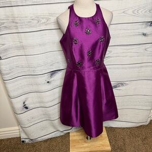 Purple shiny fit flare dress, halter neckline, beaded appliqués